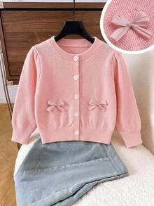 Genkimix Kids Baby Girls' Cardigan, Stylish Cute Versatile Bow Long-Sleeve Crew Neck Single Piece - Baby Pink - View 10