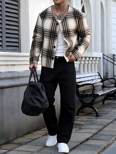 Manfinity CasualCool Men's Plaid Casual Versatile Daily Travel Long Sleeve Jacket