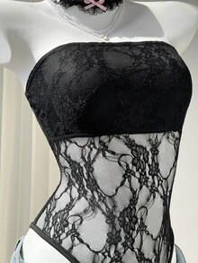Elamini Black Lace Sheer Backless Bodysuit, Fitted Silhouette, Elegant Sexy Party Wear, Vintage Chic, Versatile For Beach, Daily Wear - Black - View 4