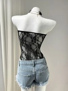 Elamini Black Lace Sheer Backless Bodysuit, Fitted Silhouette, Elegant Sexy Party Wear, Vintage Chic, Versatile For Beach, Daily Wear - Black - View 2