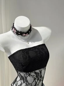 Elamini Black Lace Sheer Backless Bodysuit, Fitted Silhouette, Elegant Sexy Party Wear, Vintage Chic, Versatile For Beach, Daily Wear - Black - View 3