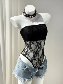 Elamini Black Lace Sheer Backless Bodysuit, Fitted Silhouette, Elegant Sexy Party Wear, Vintage Chic, Versatile For Beach, Daily Wear - Black - View 5