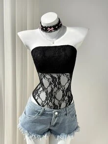 Elamini Black Lace Sheer Backless Bodysuit, Fitted Silhouette, Elegant Sexy Party Wear, Vintage Chic, Versatile For Beach, Daily Wear - Black - View 7