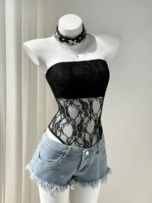 Elamini Black Lace Sheer Backless Bodysuit, Fitted Silhouette, Elegant Sexy Party Wear, Vintage Chic, Versatile For Beach, Daily Wear - Black - View 6