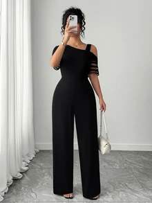 Elenzga Plus Size Women Casual Solid Color Minimalist Asymmetric Jumpsuit - Black - View 5