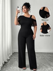 Elenzga Plus Size Women Casual Solid Color Minimalist Asymmetric Jumpsuit - Black - View 9