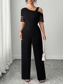 Elenzga Plus Size Women Casual Solid Color Minimalist Asymmetric Jumpsuit - Black - View 4