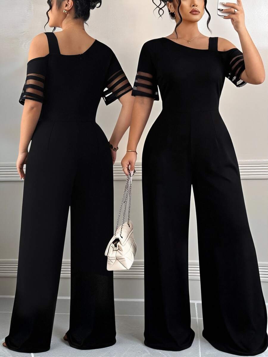 Elenzga Plus Size Women Casual Solid Color Minimalist Asymmetric Jumpsuit