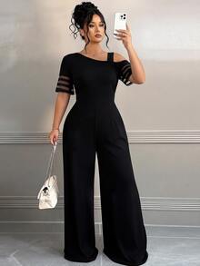 Elenzga Plus Size Women Casual Solid Color Minimalist Asymmetric Jumpsuit - Black - View 7