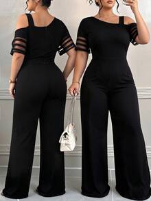 Elenzga Plus Size Women Casual Solid Color Minimalist Asymmetric Jumpsuit - Black - View 10