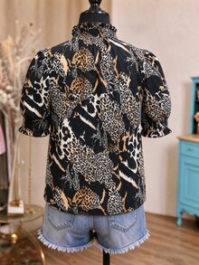 Linhara Plus Size European & American Style Leopard Print Ruffle Short Sleeve Blouse Shirt, Summer Casual Vacation Outfit Top - Multicolor - View 2