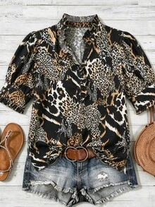 Linhara Plus Size European & American Style Leopard Print Ruffle Short Sleeve Blouse Shirt, Summer Casual Vacation Outfit Top - Multicolor - View 3