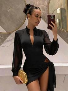 Mistrie Women's Long Sleeve V-Neck Waist-Cinching Top And Knot Bottom Two Pieces Set - Black - View 3