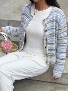 Autumina 時尚寬鬆藍白條紋女款開襟衫，適合早午餐、秋季、法式休閒風 - 彩色 - 查看 5