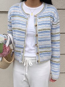 Autumina 時尚寬鬆藍白條紋女款開襟衫，適合早午餐、秋季、法式休閒風 - 彩色 - 查看 7