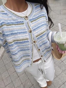 Autumina 時尚寬鬆藍白條紋女款開襟衫，適合早午餐、秋季、法式休閒風 - 彩色 - 查看 3