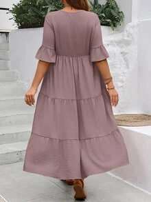 EMERY ROSE Plus Size Light Gray Purple Ruffle V Neck Half Sleeve Dress ...