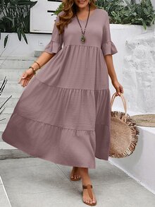 EMERY ROSE Plus Size Light Gray Purple Ruffle V Neck Half Sleeve Dress ...