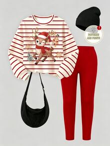 (1 Set) Young Girls Cute Cartoon Reindeer Christmas Tree Snowflake Red Striped Crew Neck Sweatshirt With Leggings Fall Winter - Multicolor - View 4