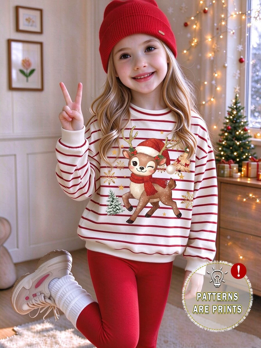 (1 Set) Young Girls Cute Cartoon Reindeer Christmas Tree Snowflake Red Striped Crew Neck Sweatshirt With Leggings Fall Winter - Multicolor - View 1