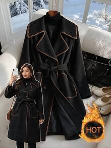 SHEIN Clasi 大尺碼復古優雅休閒時尚貝殼刺繡鈕扣長袖外套 辦公商務黑色秋季款 - 黑色 - 查看 2