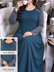 SHEIN Lacomfia Plus Size Women's Loose Casual A-Line Round Neck Long Sleeve Patchwork Ribbed Knit Long Dress, Autumn - Dusty Blue - View 1