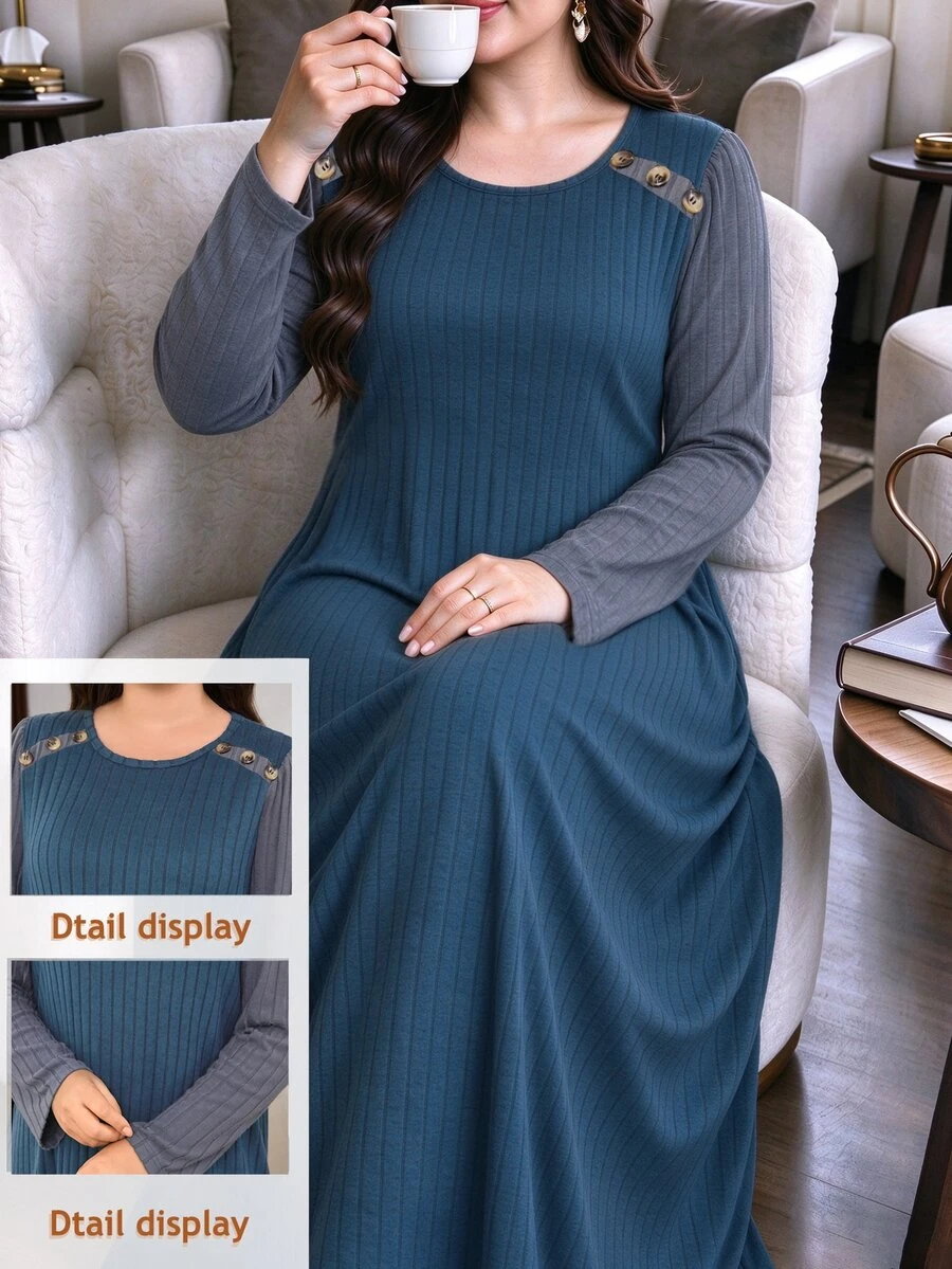 SHEIN Lacomfia Plus Size Women's Loose Casual A-Line Round Neck Long Sleeve Patchwork Ribbed Knit Long Dress, Autumn - Dusty Blue - View 1