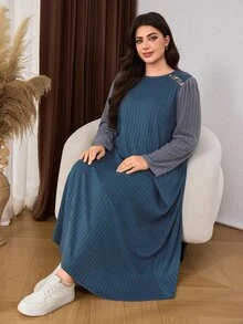 SHEIN Lacomfia Plus Size Women's Loose Casual A-Line Round Neck Long Sleeve Patchwork Ribbed Knit Long Dress, Autumn - Dusty Blue - View 8