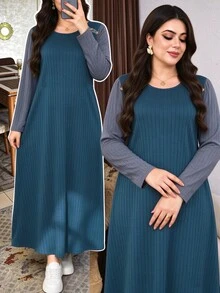 SHEIN Lacomfia Plus Size Women's Loose Casual A-Line Round Neck Long Sleeve Patchwork Ribbed Knit Long Dress, Autumn - Dusty Blue - View 4