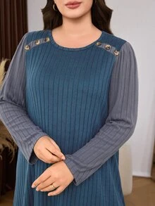 SHEIN Lacomfia Plus Size Women's Loose Casual A-Line Round Neck Long Sleeve Patchwork Ribbed Knit Long Dress, Autumn - Dusty Blue - View 7
