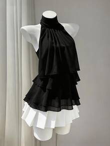 Elamini White Chiffon Mandarin Collar Halter Backless Ruffle Trim Blouse, Women's Summer Commuter Sweet Cute Vacation Romantic Minimalist Design Versatile - Black - View 6