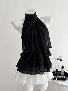 Elamini White Chiffon Mandarin Collar Halter Backless Ruffle Trim Blouse, Women's Summer Commuter Sweet Cute Vacation Romantic Minimalist Design Versatile - Black - View 3