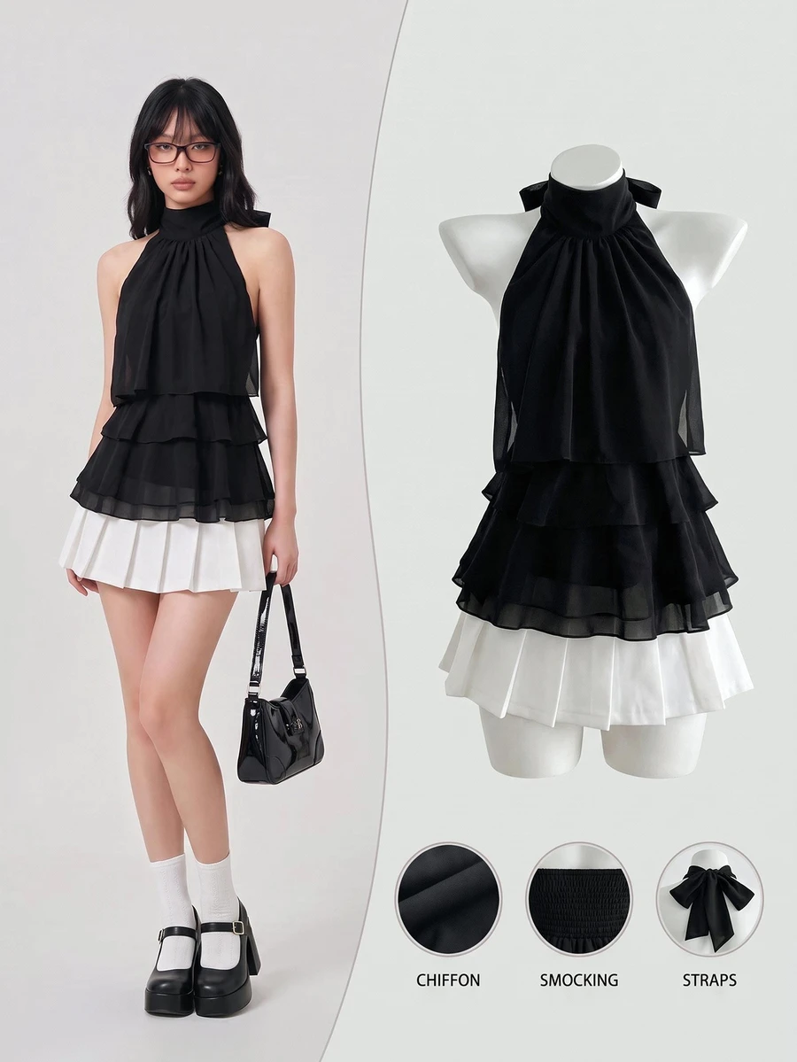 Elamini White Chiffon Mandarin Collar Halter Backless Ruffle Trim Blouse, Women's Summer Commuter Sweet Cute Vacation Romantic Minimalist Design Versatile - Black - View 1