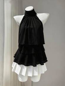 Elamini White Chiffon Mandarin Collar Halter Backless Ruffle Trim Blouse, Women's Summer Commuter Sweet Cute Vacation Romantic Minimalist Design Versatile - Black - View 5