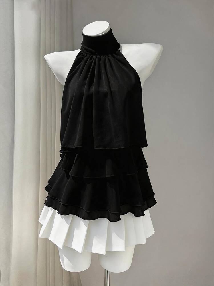 Elamini White Chiffon Mandarin Collar Halter Backless Ruffle Trim Blouse, Women's Summer Commuter Sweet Cute Vacation Romantic Minimalist Design Versatile - Black - View 5