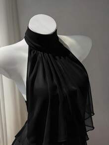 Elamini White Chiffon Mandarin Collar Halter Backless Ruffle Trim Blouse, Women's Summer Commuter Sweet Cute Vacation Romantic Minimalist Design Versatile - Black - View 7