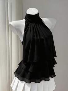 Elamini White Chiffon Mandarin Collar Halter Backless Ruffle Trim Blouse, Women's Summer Commuter Sweet Cute Vacation Romantic Minimalist Design Versatile - Black - View 4