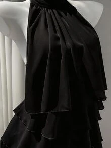 Elamini White Chiffon Mandarin Collar Halter Backless Ruffle Trim Blouse, Women's Summer Commuter Sweet Cute Vacation Romantic Minimalist Design Versatile - Black - View 8
