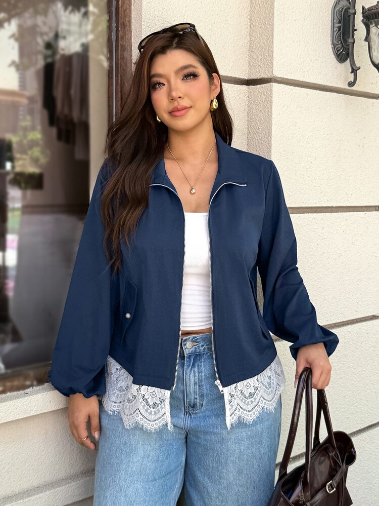 Easura Fashionable Casual French Vintage Elegant Commuter Stand Collar Contrast Color Lace Patchwork Jacket Fall - Navy Blue - View 5