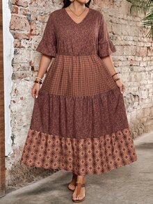 EMERY ROSE Plus Size Women's Deep V-Neck Ruffle Sleeve Multi-Tiered Hem Long Chocolate Brown Dress For Summer Vacation Formal Boho Casual - Brown - View 4