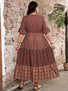 EMERY ROSE Plus Size Women's Deep V-Neck Ruffle Sleeve Multi-Tiered Hem Long Chocolate Brown Dress For Summer Vacation Formal Boho Casual - Brown - View 2