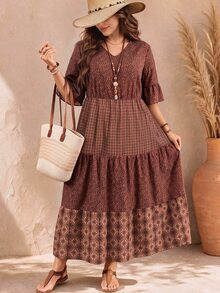 EMERY ROSE Plus Size Women's Deep V-Neck Ruffle Sleeve Multi-Tiered Hem Long Chocolate Brown Dress For Summer Vacation Formal Boho Casual - Brown - View 1