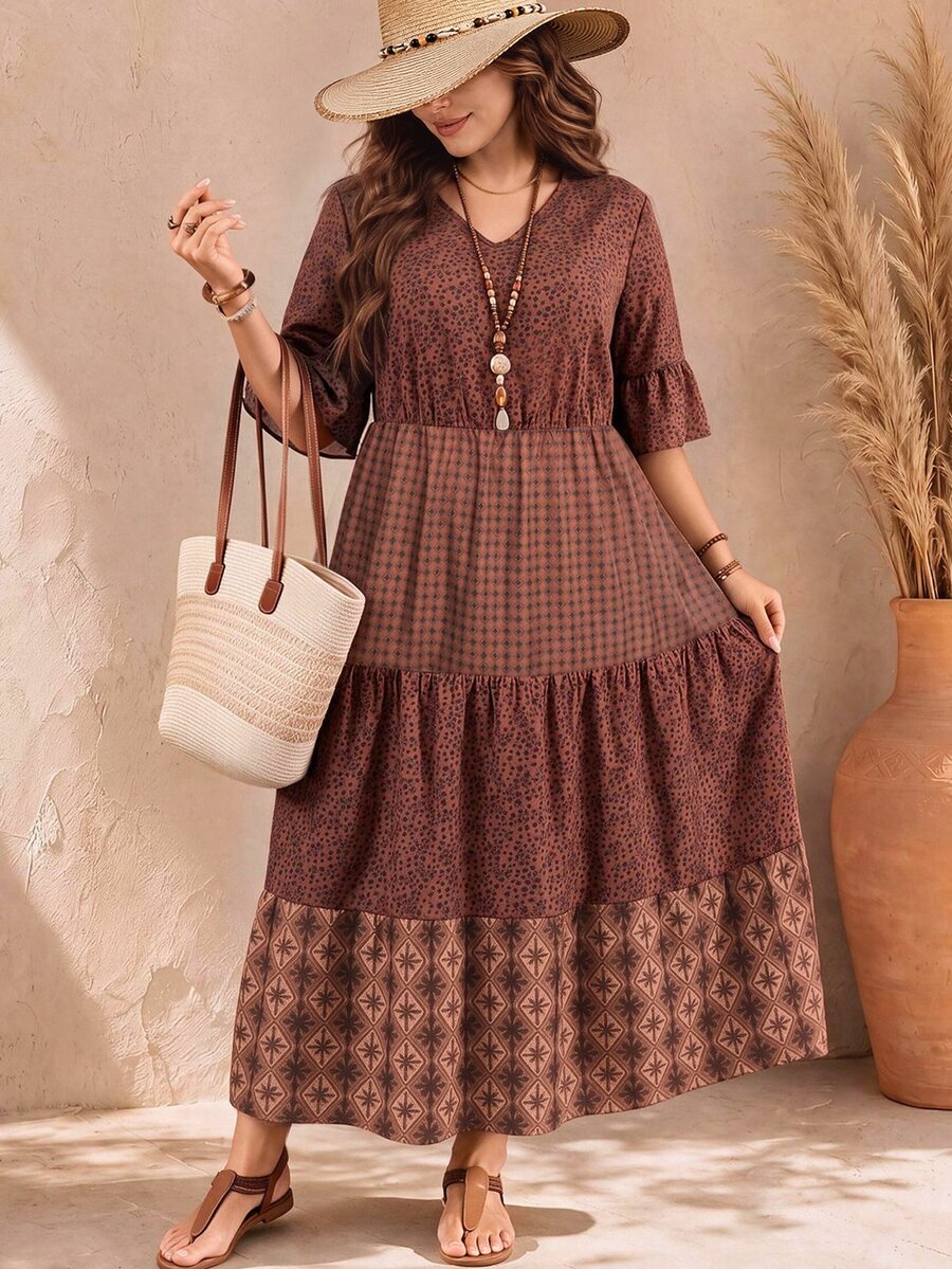 EMERY ROSE Plus Size Women's Deep V-Neck Ruffle Sleeve Multi-Tiered Hem Long Chocolate Brown Dress For Summer Vacation Formal Boho Casual - Brown - View 1