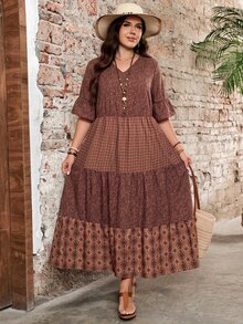 EMERY ROSE Plus Size Women's Deep V-Neck Ruffle Sleeve Multi-Tiered Hem Long Chocolate Brown Dress For Summer Vacation Formal Boho Casual - Brown - View 7