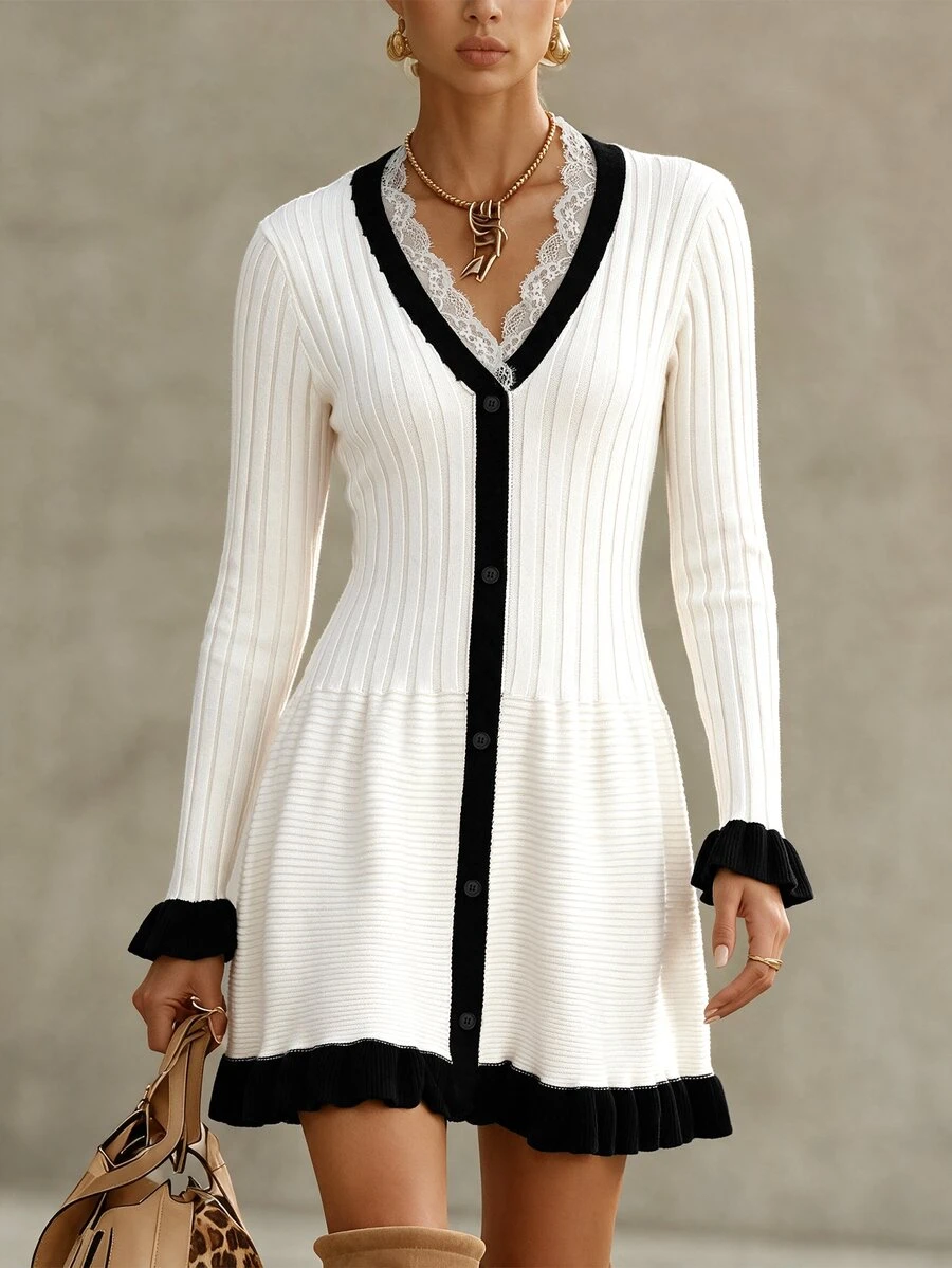 SHEIN Women's Autumn/Winter Elegant White Lace V-Neck Black Trim Front Button Decor Ribbed Flared Sleeve Ruffle Hem Sweater Dress, Suitable For Casual Afternoon Tea Date Gathering Shopping