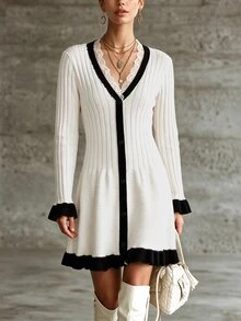 SHEIN Women's Autumn/Winter Elegant White Lace V-Neck Black Trim Front Button Decor Ribbed Flared Sleeve Ruffle Hem Sweater Dress, Suitable For Casual Afternoon Tea Date Gathering Shopping - Black and White - View 4