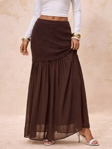 Glamine Women's French Style Ribbed Chiffon Pleated Knit Skirt Everyday Date Dark Brown Fall Elegant - Coffee Brown - View 1
