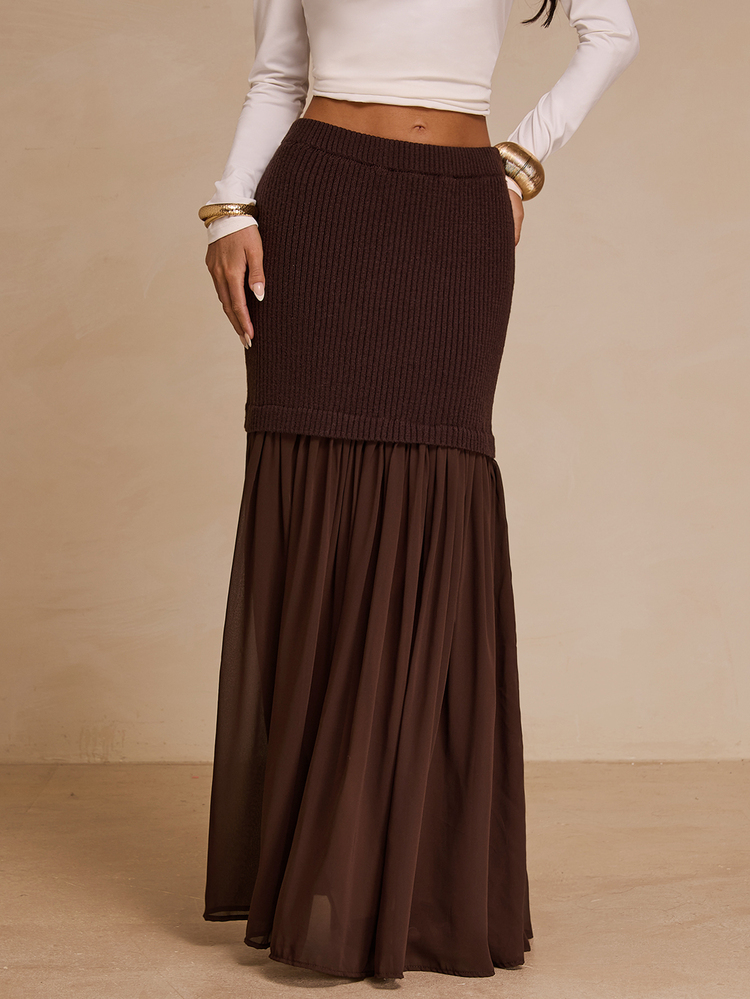 Glamine Women's French Style Ribbed Chiffon Pleated Knit Skirt - Coffee Brown - View 7