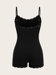 SHEIN PETITE Petite 91% Cotton Stretch Lace Jumpsuit, Versatile Style For Spring/Summer, Office Wear - Black - View 3