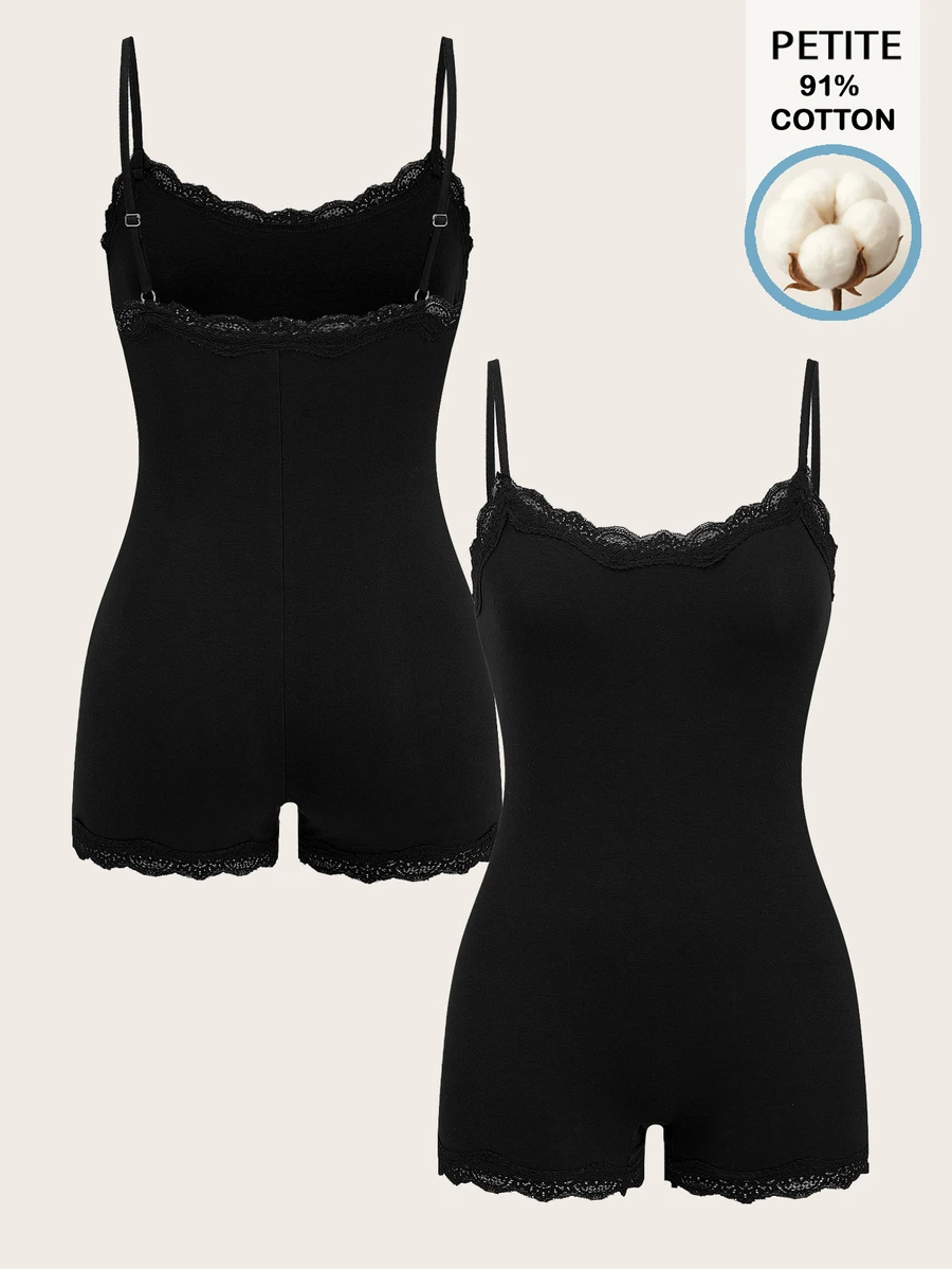 SHEIN PETITE Petite 91% Cotton Stretch Lace Jumpsuit, Versatile Style For Spring/Summer, Office Wear - Black - View 1